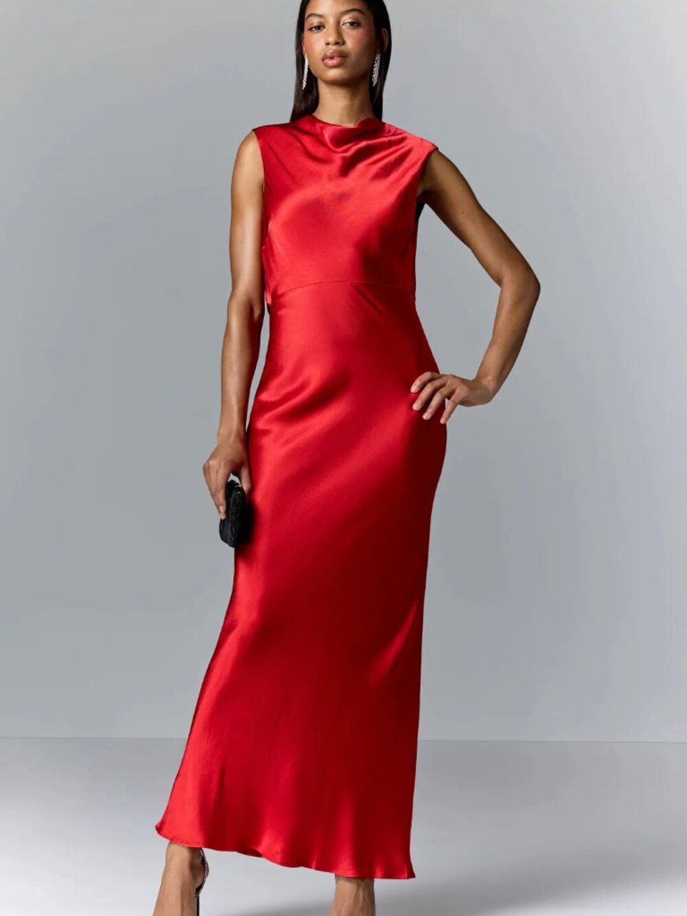 Shona Joy Tatum Red Satin Cowl Back Open Back Maxi Dress Gown $340